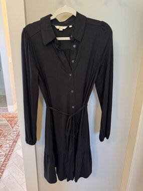 Boden Black Long-Sleeve Button Shirt Dress with Tie Waist